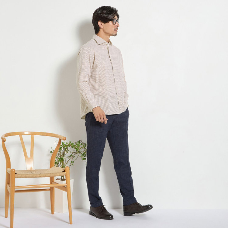 スタンリーブラッカ 【stanley blacker new york】【長袖】シアサッカーギンガムチェックカッタウェイシャツ/ベージュ 茶淡色
