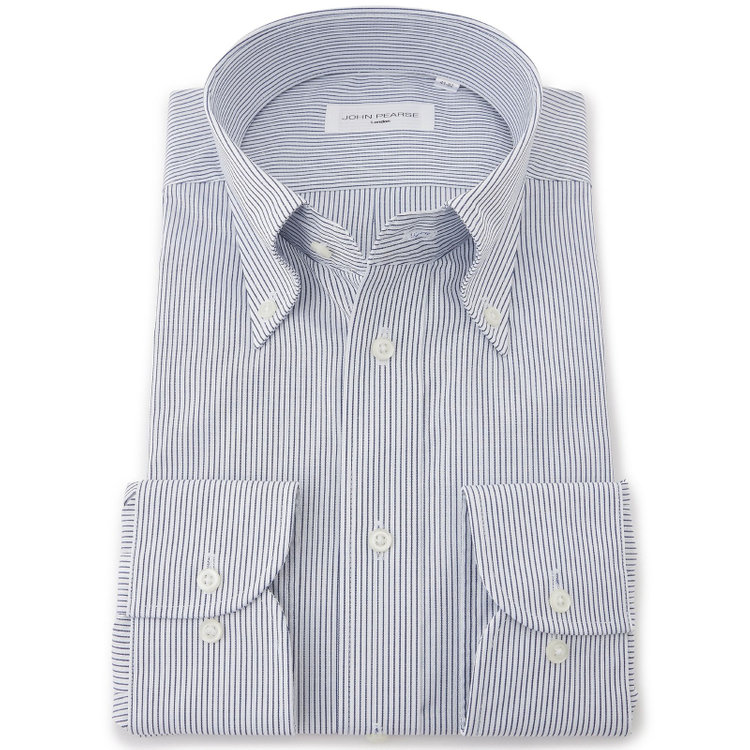 ジョンピアース 【JOHN PEARSE White】【形態安定】ボタンダウンドレスシャツ/ホワイト×ネイビーストライプ/Oil guard 紺中間