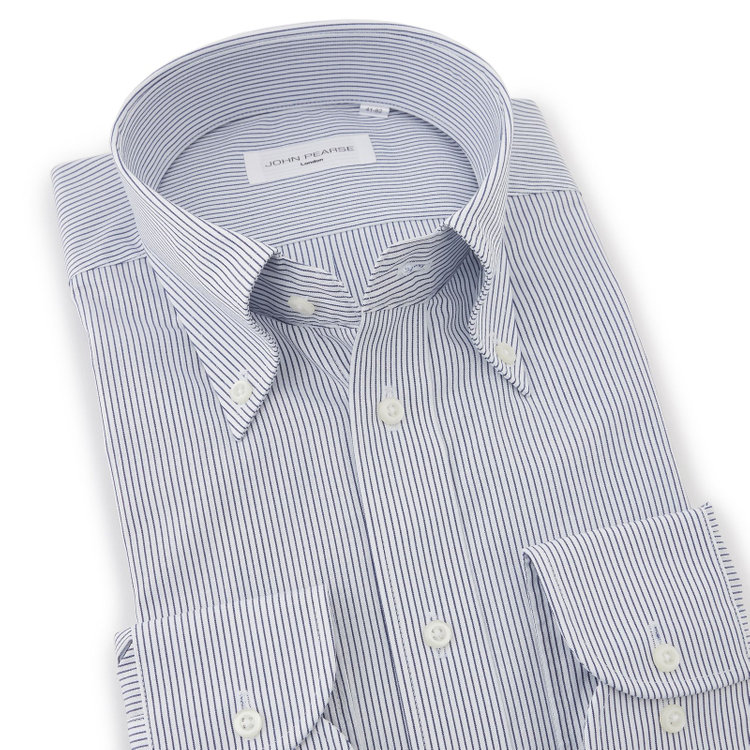 ジョンピアース 【JOHN PEARSE White】【形態安定】ボタンダウンドレスシャツ/ホワイト×ネイビーストライプ/Oil guard 紺中間