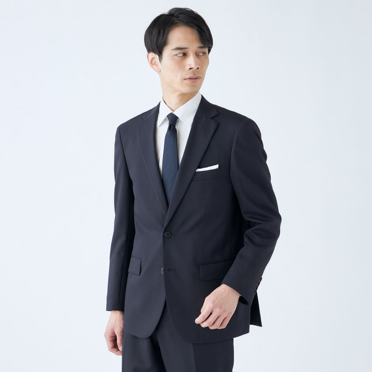 ＫＡＮＳＡＩＭＡＮ 【KANSAIMAN collection Style authentic】【秋冬】スペアパンツ付き/2釦シングルスーツ ショートタック/ネイビー×シャドーストライプ/RAIN SUIT 紺中間