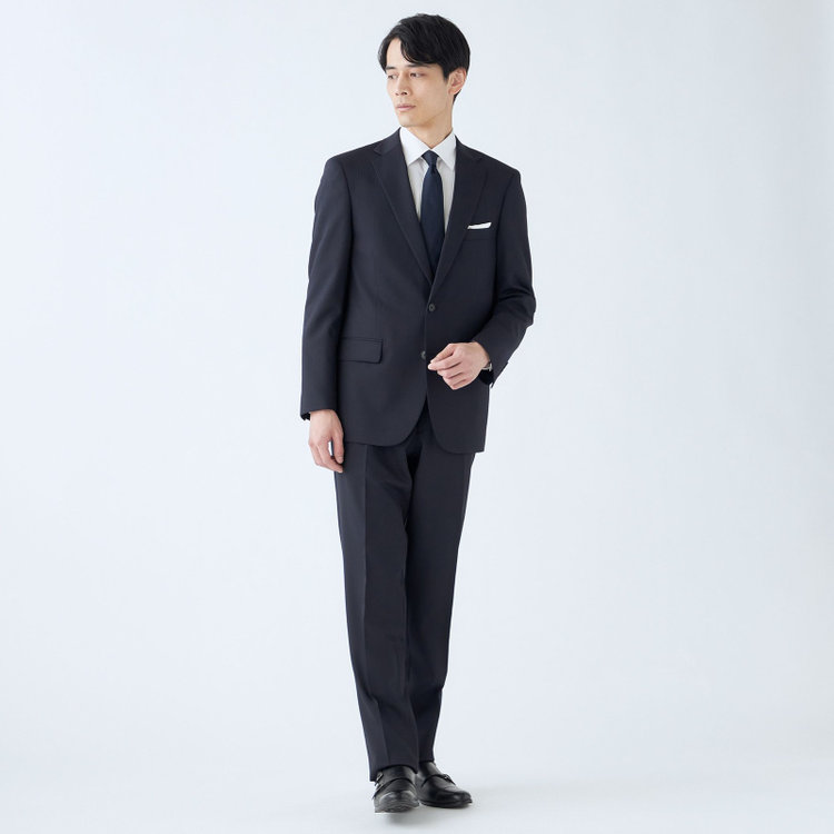 ＫＡＮＳＡＩＭＡＮ 【KANSAIMAN collection Style authentic】【秋冬】スペアパンツ付き/2釦シングルスーツ ショートタック/ネイビー×シャドーストライプ/RAIN SUIT 紺中間