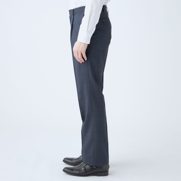 ジョンピアース 【JOHN PEARSE White】【春夏】ウールブレンド 1タックパンツ/ネイビー×チェック/ウエストムーブ仕様/ULTRA LIGHT SPEC※裾上げ必要 紺濃色