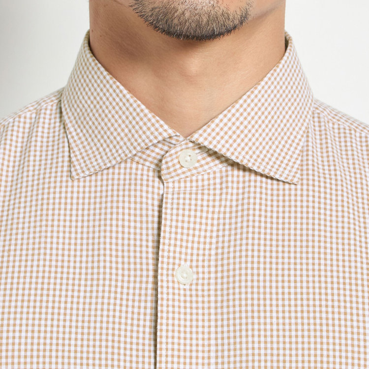 スタンリーブラッカ 【stanley blacker new york】【長袖】シアサッカーギンガムチェックカッタウェイシャツ/ベージュ 茶淡色