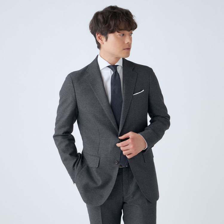 ＪＰコンフォート ネイビー 【JOHN PEARSE comfort navy】【春夏】2釦シングルジャケット/グレー×チェック/ULTRA MOVE/RIRANCHA/ウォッシャブル グレー濃色