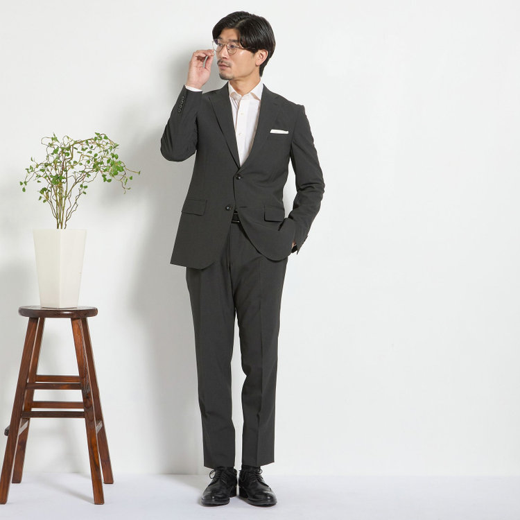 ＪＰ コンフォート 【JOHN PEARSE comfort】【春夏】2釦シングルスーツ ショートタック/カーキ×チェック/ULTRA MOVE/TRABEST/ウエストムーブ仕様/ウォッシャブル/ストレッチ/※裾上げ必要 黄淡色