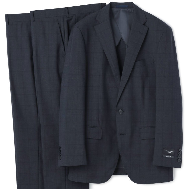 ＪＰセレクトライン 【JOHN PEARSE Black SELECT LINE】【春夏】スペアパンツ付き/2釦シングルスーツ/ネイビー×ウィンドペン/SHOWER CLEAN/※裾上げ必要 紺中間