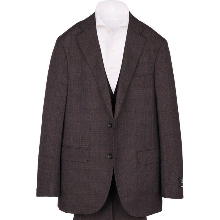 ＪＰ コンフォート 【JOHN PEARSE comfort】【秋冬】2釦シングルスリーピーススーツ ショートタック/ブラウン×チェック/ULTRA MOVE ブラウン系(茶)