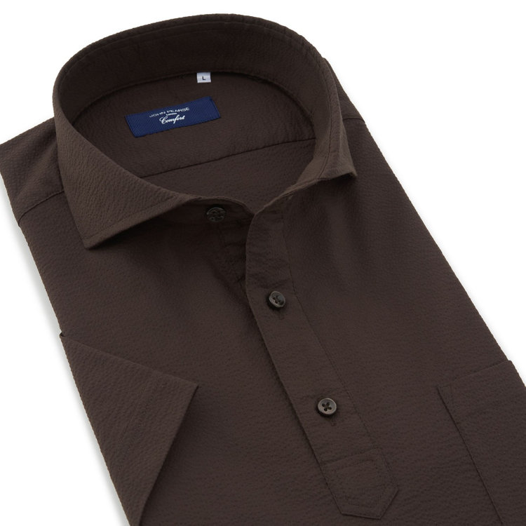 ＪＰコンフォート ネイビー 【半袖】【JOHN PEARSE comfort navy】ホリゾンタルワイドビズポロシャツ プルオーバータイプ/ブラウン×シアサッカー 茶中間