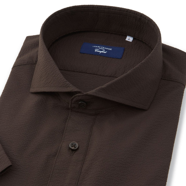 ＪＰコンフォート ネイビー 【半袖】【JOHN PEARSE comfort navy】ホリゾンタルワイドビズポロシャツ プルオーバータイプ/ブラウン×シアサッカー 茶中間