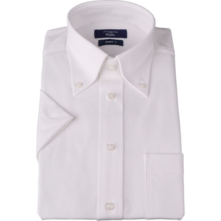 ＪＰコンフォート ネイビー 【半袖】【JOHN PEARSE comfort navy】【ノーアイロン】ボタンダウンドレスワイシャツ/ホワイト/ニット素材/SHIRT-T ホワイト系(白)