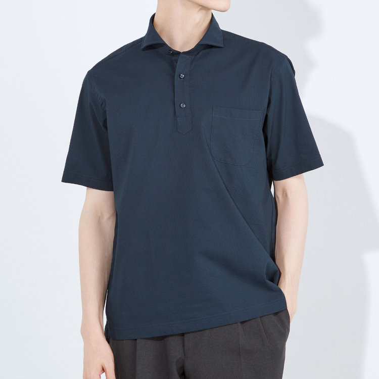 ＪＰコンフォート ネイビー 【半袖】【JOHN PEARSE comfort navy】ホリゾンタルワイドビズポロシャツ プルオーバータイプ/ネイビー×シアサッカー 紺濃色