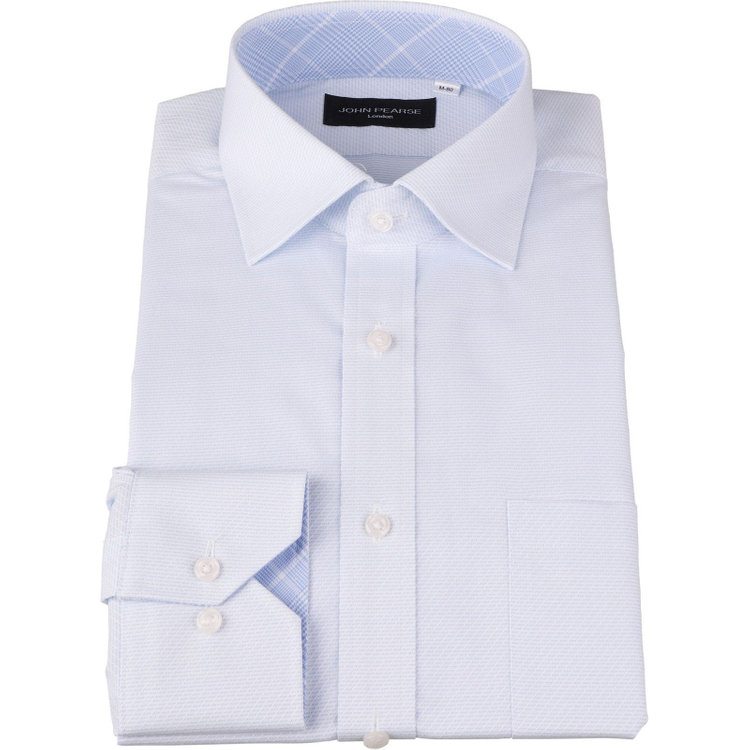 KONAKA　アウトレット 【WEB限定/OUTLET/汚れ・キズ等有】【JOHN PEARSE Black】【形態安定】ワイドカラードレスワイシャツ/サックス×ドビーツイル/襟袖裏別布：ブルー×チェック ブルー系(青)