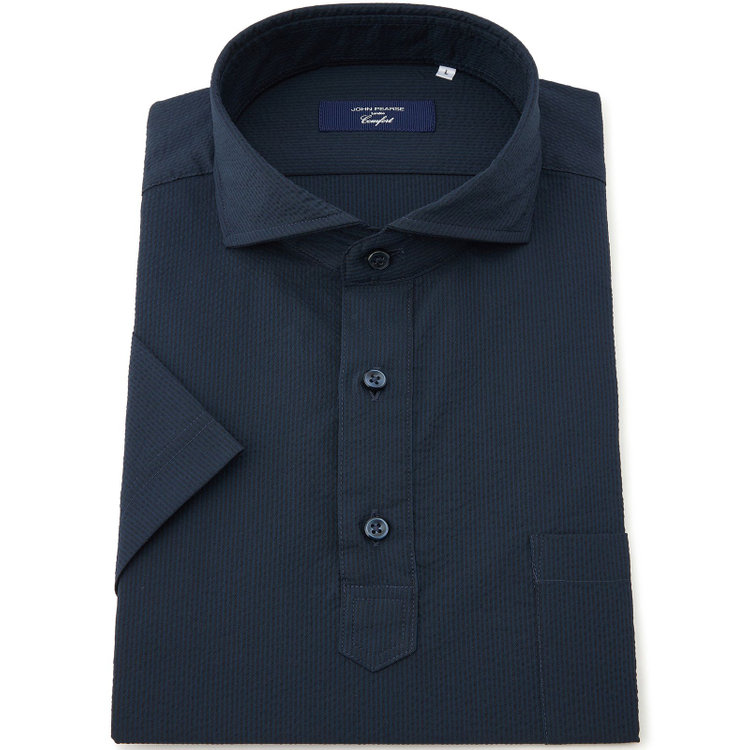 ＪＰコンフォート ネイビー 【半袖】【JOHN PEARSE comfort navy】ホリゾンタルワイドビズポロシャツ プルオーバータイプ/ネイビー×シアサッカー 紺濃色