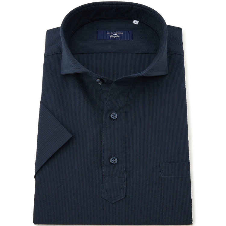 ＪＰコンフォート ネイビー 【半袖】【JOHN PEARSE comfort navy】ホリゾンタルワイドビズポロシャツ プルオーバータイプ/ネイビー×シアサッカー 紺濃色