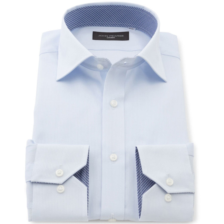 KONAKA　アウトレット 【WEB限定/OUTLET/汚れ・キズ等有】【JOHN PEARSE Black】【SLIM】【形態安定】ワイドカラードレスワイシャツ/サックス×ドビーストライプ/襟袖裏別布 青淡色