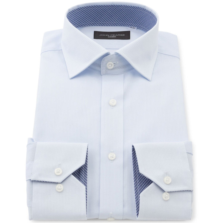 KONAKA　アウトレット 【WEB限定/OUTLET/汚れ・キズ等有】【JOHN PEARSE Black】【SLIM】【形態安定】ワイドカラードレスワイシャツ/サックス×ドビーストライプ/襟袖裏別布 青淡色