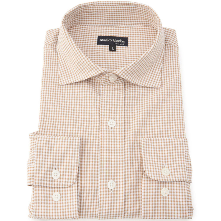 スタンリーブラッカ 【stanley blacker new york】【長袖】シアサッカーギンガムチェックカッタウェイシャツ/ベージュ 茶淡色