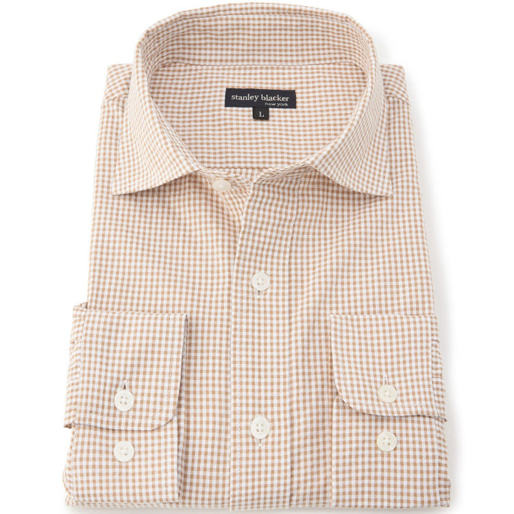 スタンリーブラッカ 【stanley blacker new york】【長袖】シアサッカーギンガムチェックカッタウェイシャツ/ベージュ 茶淡色