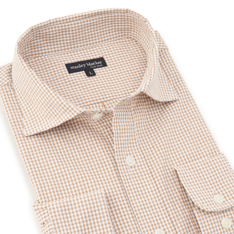 スタンリーブラッカ 【stanley blacker new york】【長袖】シアサッカーギンガムチェックカッタウェイシャツ/ベージュ 茶淡色