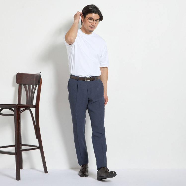 ＪＰコンフォート ネイビー 【JOHN PEARSE comfort navy】【春夏】1タックパンツ/ブルー×ドットエアー＆カラミ織り/ウエストムーブ仕様/※裾上げ必要 青中間