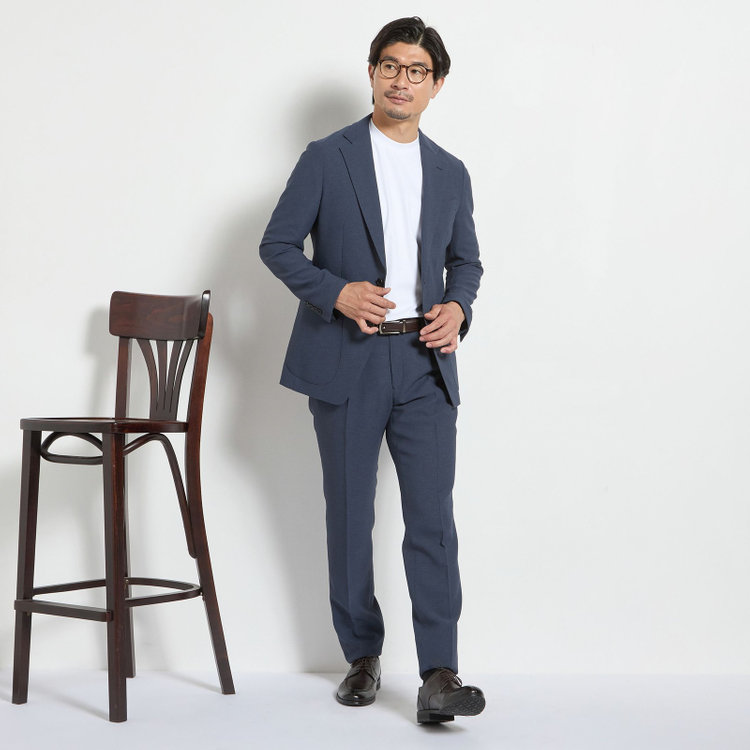 ＪＰコンフォート ネイビー 【JOHN PEARSE comfort navy】【春夏】1タックパンツ/ブルー×ドットエアー＆カラミ織り/ウエストムーブ仕様/※裾上げ必要 青中間