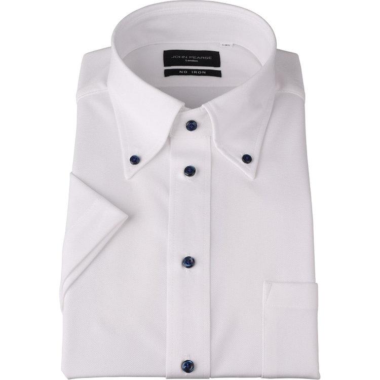 KONAKA　アウトレット 【WEB限定/OUTLET/汚れ・キズ等有】【半袖】【JOHN PEARSE Black】【ノーアイロン】ボタンダウンドレスワイシャツ/ホワイト×ドビー/釦付糸：ネイビー/ULTRA MOVE/ニット素材 ホワイト系(白)