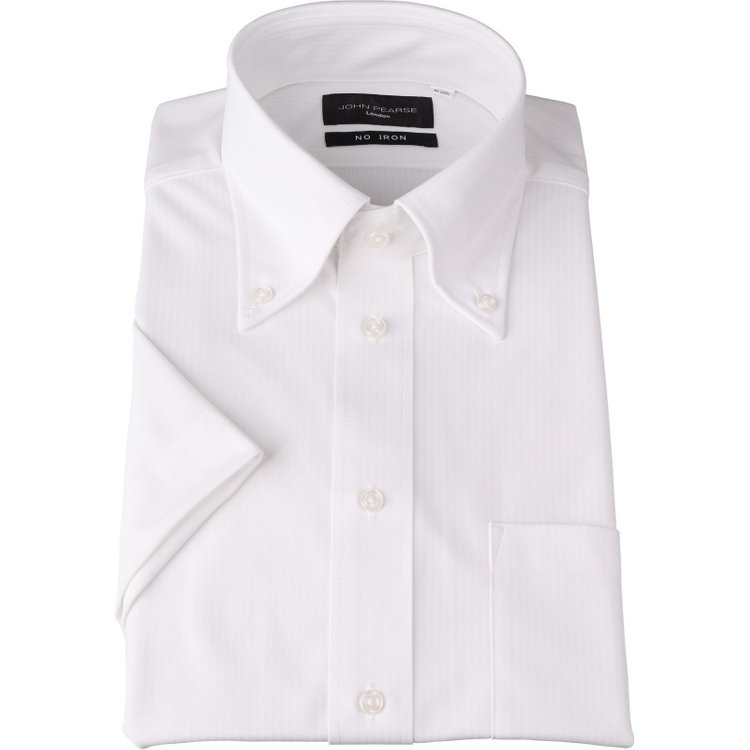 KONAKA　アウトレット 【WEB限定/OUTLET/汚れ・キズ等有】【半袖】【JOHN PEARSE Black】【ノーアイロン】ボタンダウンドレスワイシャツ/ホワイト×ドビーストライプ/ULTRA MOVE/ニット素材 ホワイト系(白)