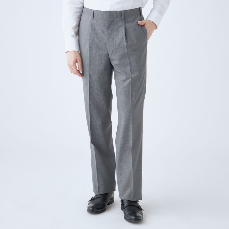 ジョンピアース 【JOHN PEARSE White】【春夏】ウールブレンド 1タックパンツ/グレー×チェック/ウエストムーブ仕様/ULTRA LIGHT SPEC※裾上げ必要 グレー淡色