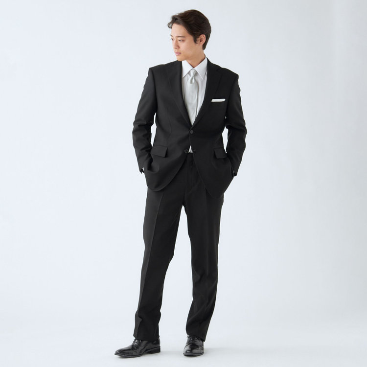 ジャスリー 【JASLEY】【ベーシックシルエット】濃染加工/2釦シングルフォーマルスーツ 1タックパンツ/生活撥水加工/アジャスター付/※裾上げ必要 黒