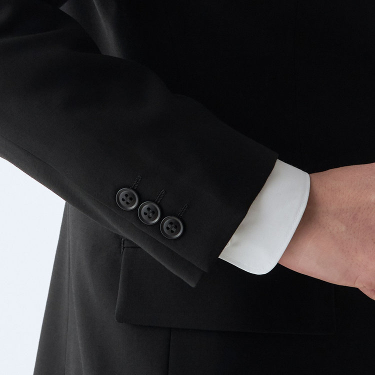 ジャスリー 【JASLEY】【ベーシックシルエット】濃染加工/2釦シングルフォーマルスーツ 1タックパンツ/生活撥水加工/アジャスター付/※裾上げ必要 黒