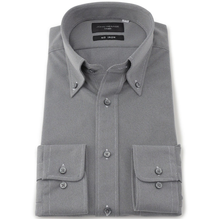 ジョンピアースブラック 【JOHN PEARSE Black】【ノーアイロン】ボタンダウンドレスワイシャツ/グレー×ドビー/ULTRA MOVE「ニット素材」「ノーアイロン」「ストレッチ」「高通気性」 グレー中間