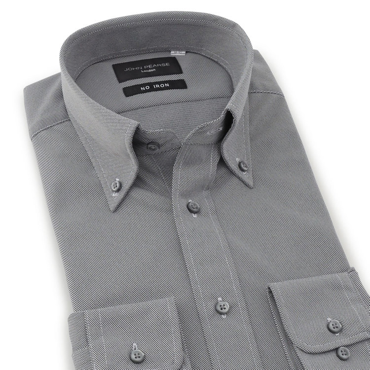 ジョンピアースブラック 【JOHN PEARSE Black】【ノーアイロン】ボタンダウンドレスワイシャツ/グレー×ドビー/ULTRA MOVE「ニット素材」「ノーアイロン」「ストレッチ」「高通気性」 グレー中間