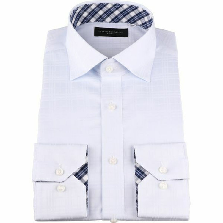 KONAKA　アウトレット 【WEB限定/OUTLET/汚れ・キズ等有】【JOHN PEARSE Black】【形態安定】ワイドカラードレスワイシャツ/ブルー×ドビーチェック/襟袖裏別布：ネイビー＆ホワイト×チェック ブルー系(青)