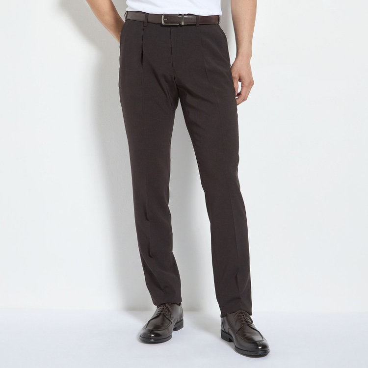 ジョンピアース 【発送在庫あり】【ファブリーズ認定！抗菌消臭加工】【JOHN PEARSE White】【春夏】1タックパンツ/ブラウン×マイクロチェック/ULTRA MOVE/ウエストムーブ仕様/※裾上げ必要 茶中間