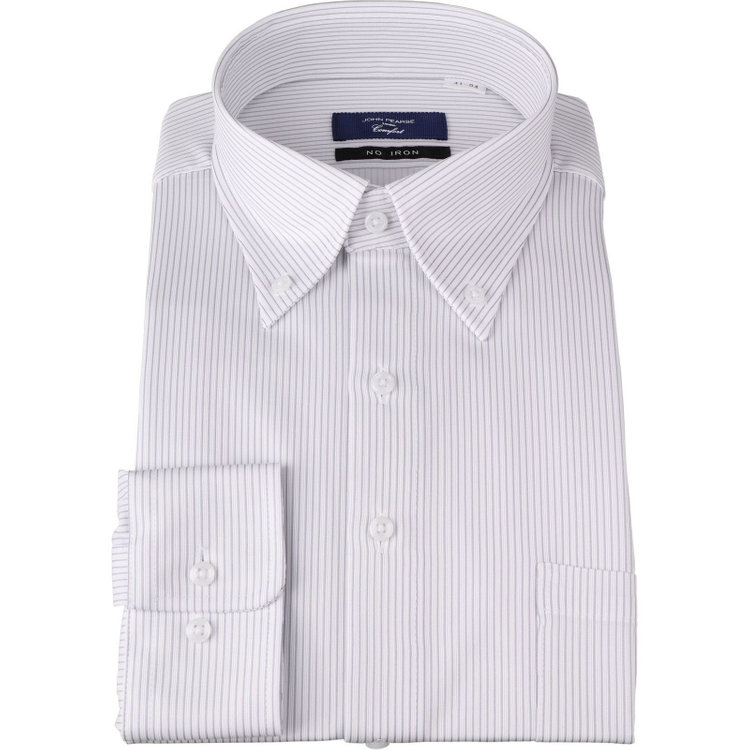 【WEB限定/OUTLET/汚れ・キズ等有】【JOHN PEARSE comfort navy】【ノーアイロン】ボタンダウンドレスワイシャツ/ホワイト×グレーストライプ/ULTRA MOVE/ニット素材