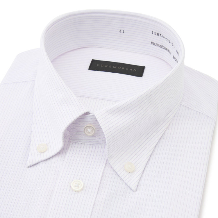 ＤＵＫＥ ＭＯＲＧＡ 【半袖】【DUKEMORGAN】【形態安定】ボタンダウンワイシャツ/ホワイト×パープルストライプ 紫中間
