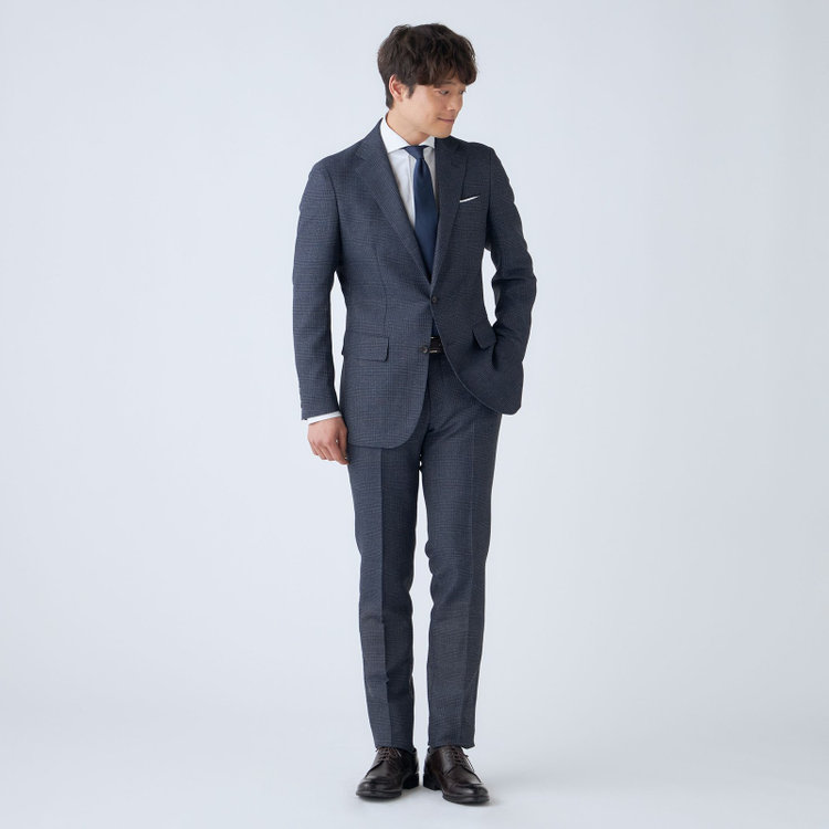 ＪＰコンフォート ネイビー 【JOHN PEARSE comfort navy】【春夏】ショートタックパンツ/ネイビー×チェック/ウエストシャーリング仕様/ULTRA MOVE/※裾上げ必要 紺中間