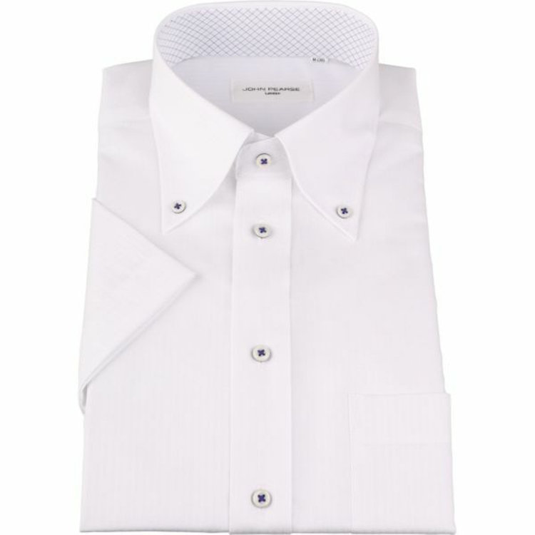 ジョンピアース 【半袖】【JOHN PEARSE White】【形態安定】ボタンダウンドレスシャツ/ホワイト×ドビーストライプ/襟袖裏別布：チェック/釦付糸：ネイビー/Oil guard ホワイト系(白)