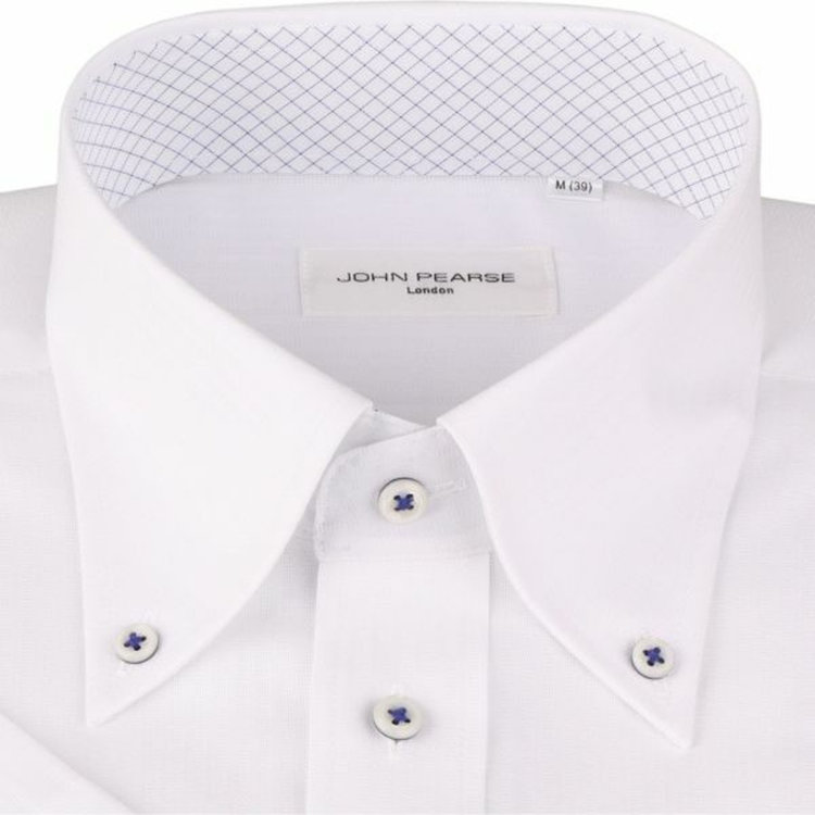 ジョンピアース 【半袖】【JOHN PEARSE White】【形態安定】ボタンダウンドレスシャツ/ホワイト×ドビーストライプ/襟袖裏別布：チェック/釦付糸：ネイビー/Oil guard ホワイト系(白)