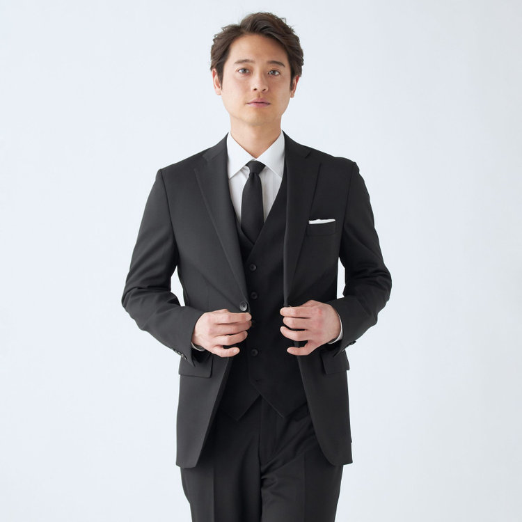 ＪＰ コンフォート 【JOHN PEARSE comfort】【年間】7WAY コーディネイトパンツ付き/2釦シングルスリーピーススーツ ショートタック/ブラック×ツイル+グレーパンツ/ULTRA MOVE/ウエストシャーリング/ウォッシャブル/ストレッチ/※裾上げ必要 黒