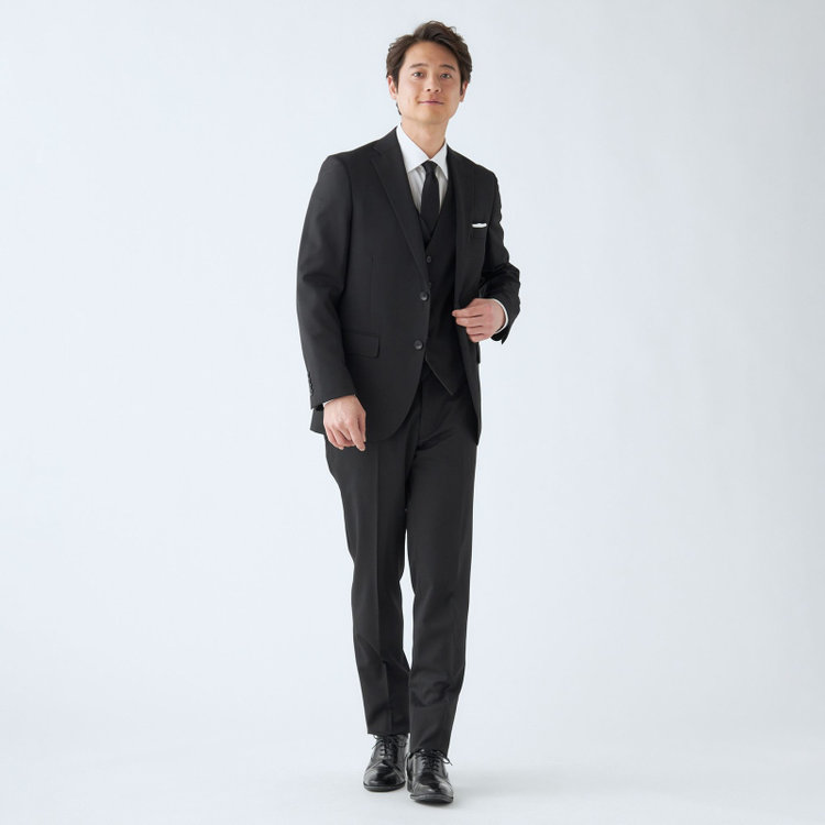 ＪＰ コンフォート 【JOHN PEARSE comfort】【年間】7WAY コーディネイトパンツ付き/2釦シングルスリーピーススーツ ショートタック/ブラック×ツイル+グレーパンツ/ULTRA MOVE/ウエストシャーリング/ウォッシャブル/ストレッチ/※裾上げ必要 黒