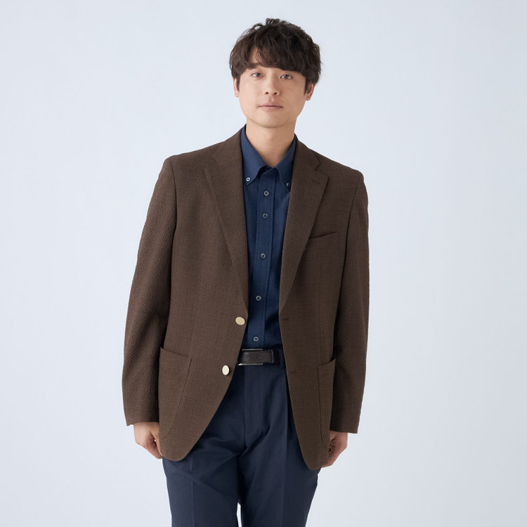 スタンリーブラッカ 【stanley blacker new york】【春夏】2釦シングルジャケット/ブラウン×サッカー/ストレッチ/ゴールド釦 茶中間