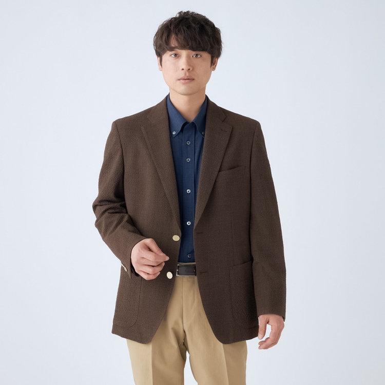 スタンリーブラッカ 【stanley blacker new york】【春夏】2釦シングルジャケット/ブラウン×サッカー/ストレッチ/ゴールド釦 茶中間