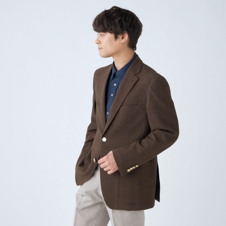 スタンリーブラッカ 【stanley blacker new york】【春夏】2釦シングルジャケット/ブラウン×サッカー/ストレッチ/ゴールド釦 茶中間