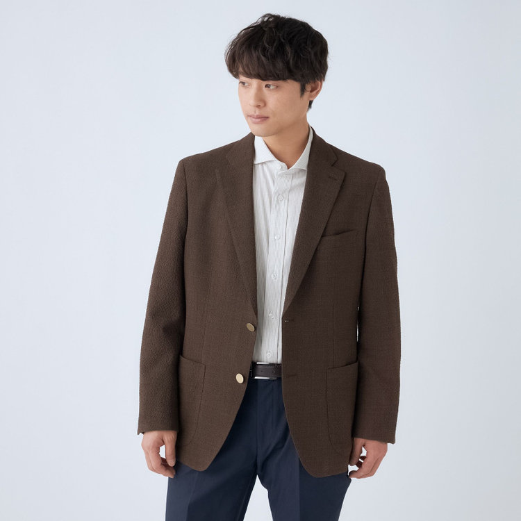 スタンリーブラッカ 【stanley blacker new york】【春夏】2釦シングルジャケット/ブラウン×サッカー/ストレッチ/ゴールド釦 茶中間