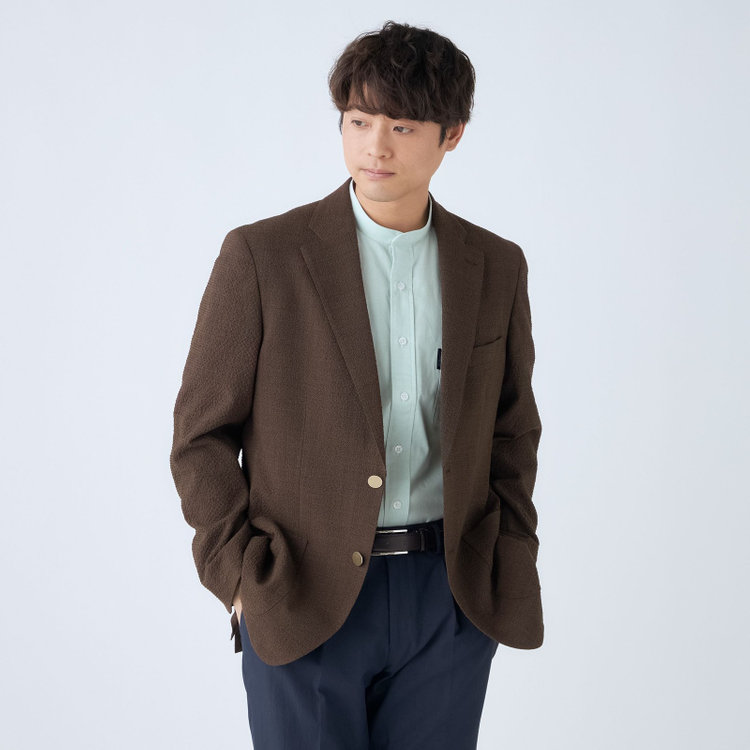 スタンリーブラッカ 【stanley blacker new york】【春夏】2釦シングルジャケット/ブラウン×サッカー/ストレッチ/ゴールド釦 茶中間