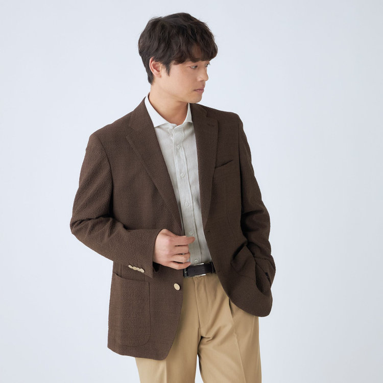 スタンリーブラッカ 【stanley blacker new york】【春夏】2釦シングルジャケット/ブラウン×サッカー/ストレッチ/ゴールド釦 茶中間