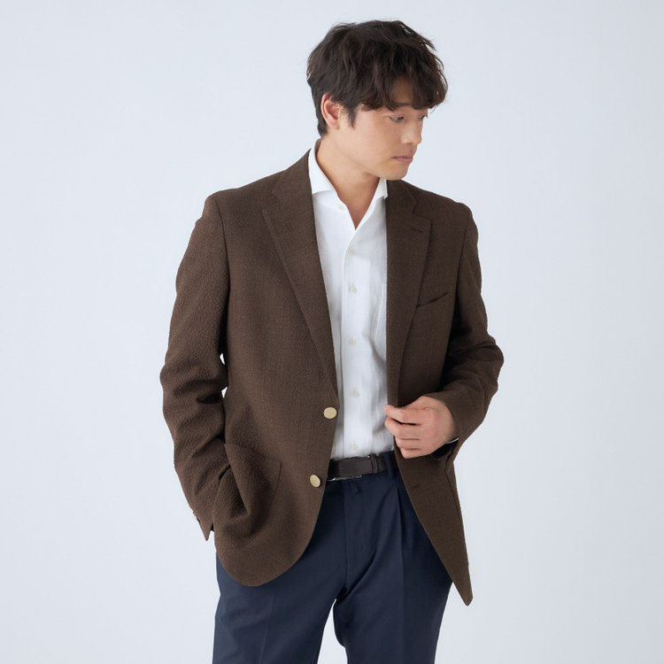 スタンリーブラッカ 【stanley blacker new york】【春夏】2釦シングルジャケット/ブラウン×サッカー/ストレッチ/ゴールド釦 茶中間