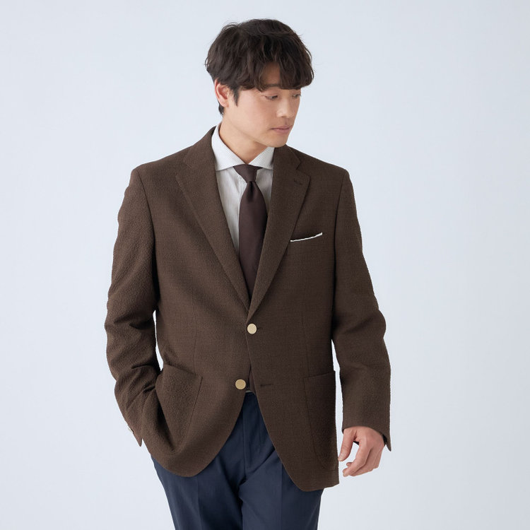 スタンリーブラッカ 【stanley blacker new york】【春夏】2釦シングルジャケット/ブラウン×サッカー/ストレッチ/ゴールド釦 茶中間