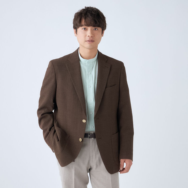 スタンリーブラッカ 【stanley blacker new york】【春夏】2釦シングルジャケット/ブラウン×サッカー/ストレッチ/ゴールド釦 茶中間